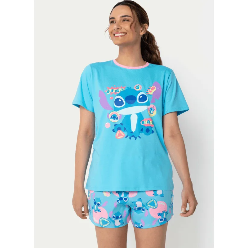 Pijama Manga Curta Algodão Feminino Stitch M