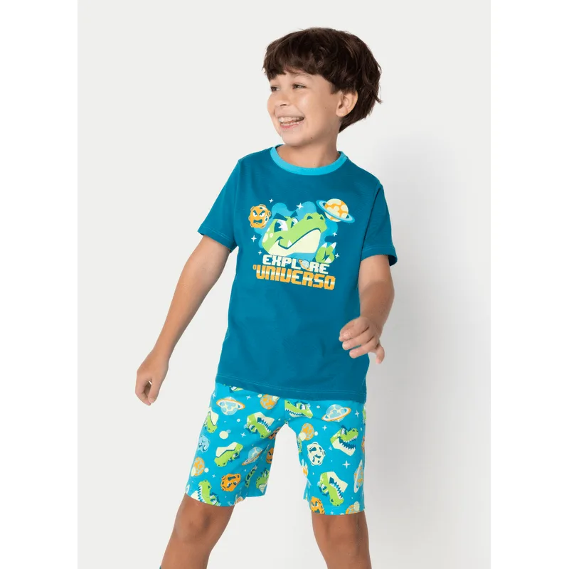 Pijama Manga Curta Algodão Menino Dino Astronauta 4