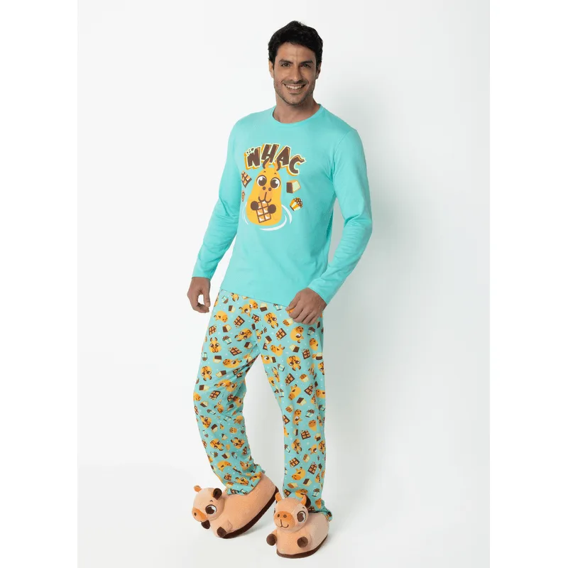 Pijama Manga Longa Algodão Masculino Capivara Chocolate P