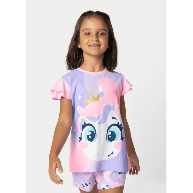 Pijama Manga Curta Viscolycra Menina Unicórnio Diamante 6