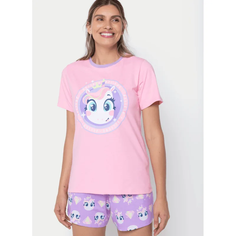 Pijama Manga Curta Algodão Feminino Unicórnio Diamante GG