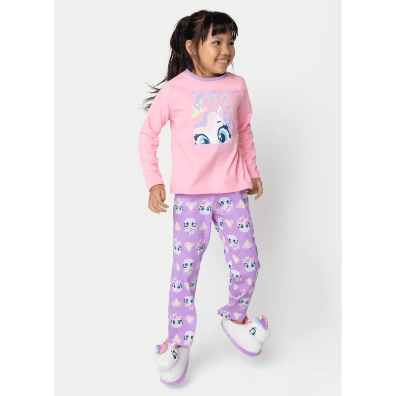 Pijama Manga Longa Algodão Menina Unicórnio Diamante 4