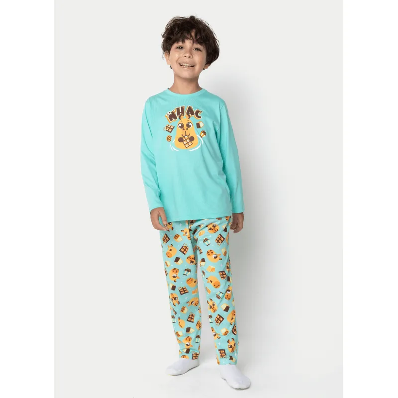 Pijama Manga Longa Algodão Menino Capivara Chocolate 4