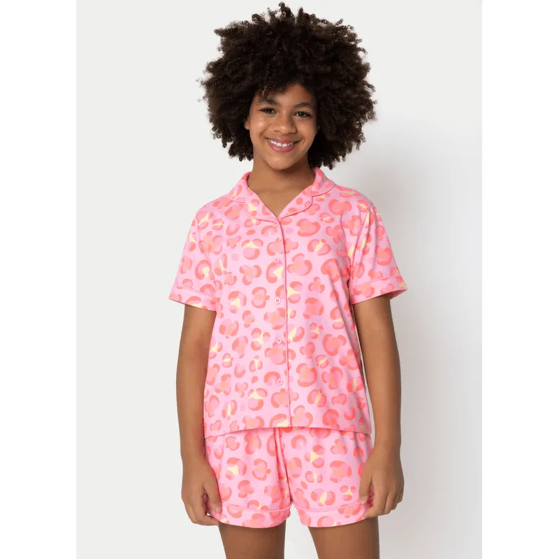 Pijama Manga Curta Viscolycra Menina Teen Gata Cereja 12