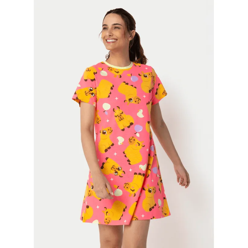 Camisola Manga Curta Algodão Feminina Capivara Vibes M