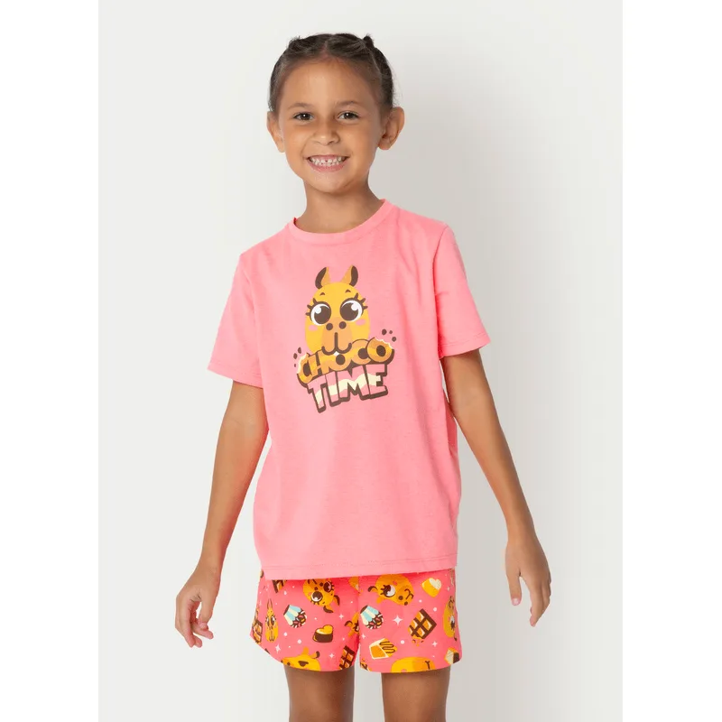 Pijama Manga Curta Algodão Menina Capivara Chocolate 1