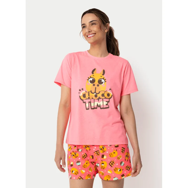 Pijama Manga Curta Algodão Feminino Capivara Chocolate M