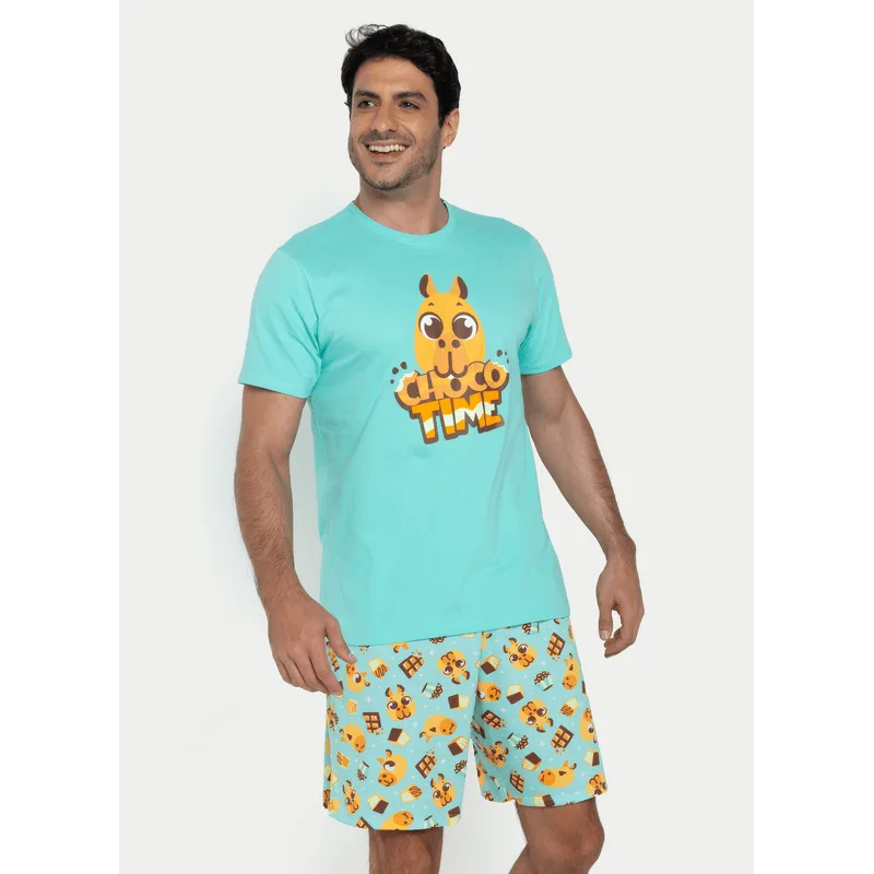 Pijama Manga Curta Algodão Masculino Capivara Chocolate GG