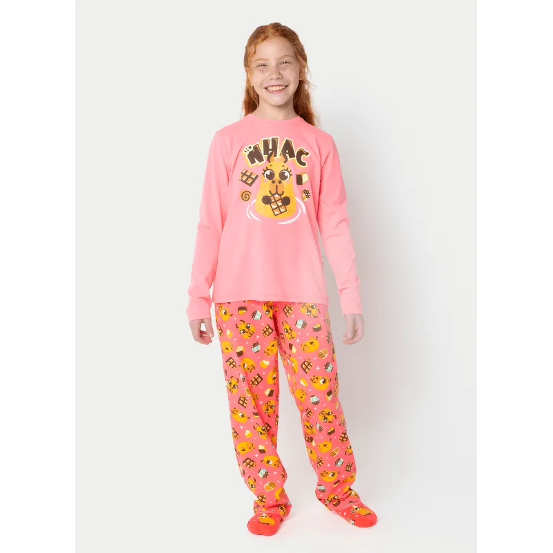 Pijama Manga Longa Algodão Menina Teen Capivara Chocolate 8