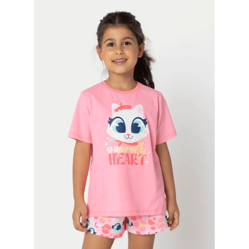Pijama Manga Curta Algodão Menina Gata Cereja 4