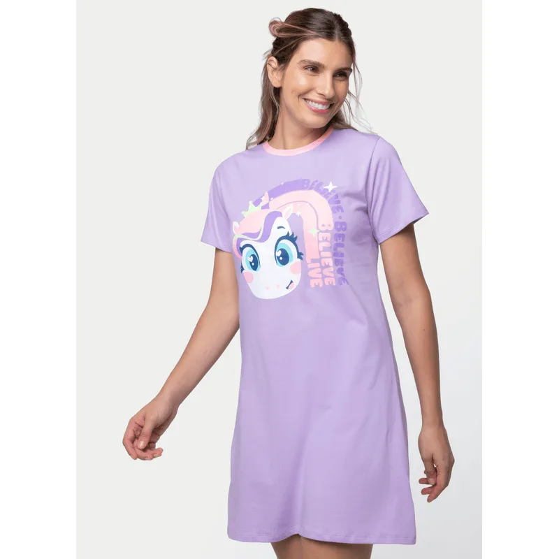 Camisola Manga Curta Algodão Feminina Unicórnio Diamante PP