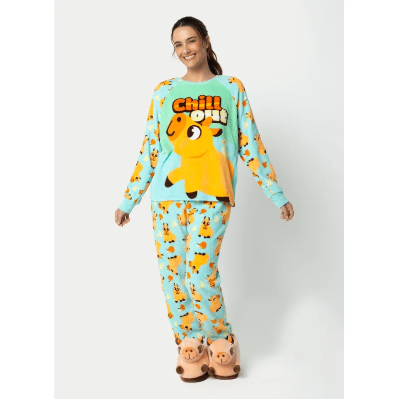 Pijama Manga Longa Soft Adulto Unissex Capivara Vibes PP