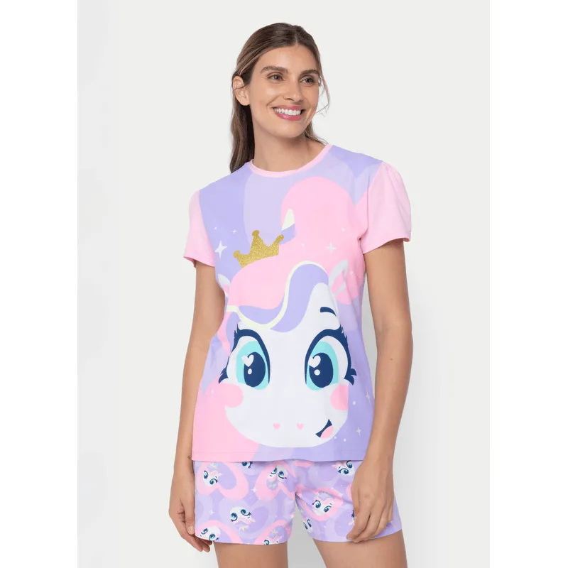 Pijama Manga Curta Viscolycra Feminino Unicórnio Diamante G