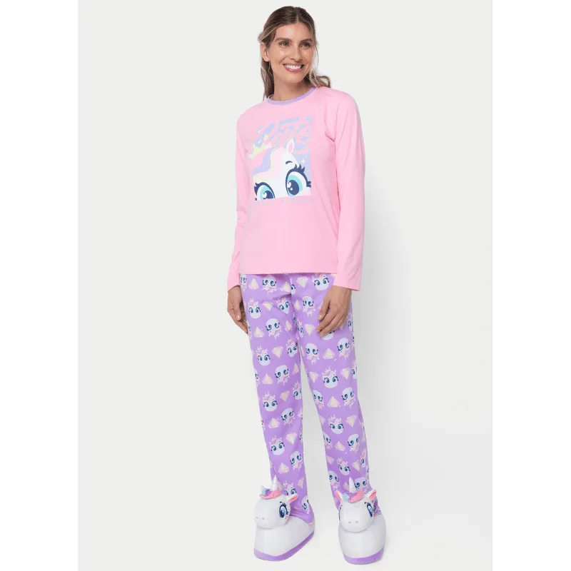 Pijama Manga Longa Algodão Feminino Unicórnio Diamante PP