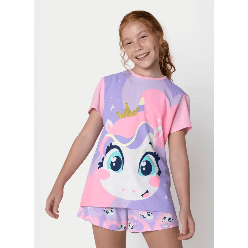 Pijama Manga Curta Viscolycra Menina Teen Unicórnio Diamante 14