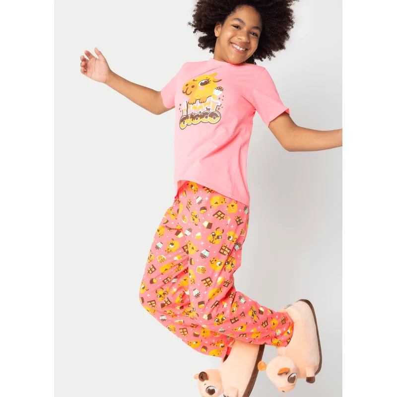 Pijama Manga Curta Algodão Menina Teen Capivara Chocolate 12