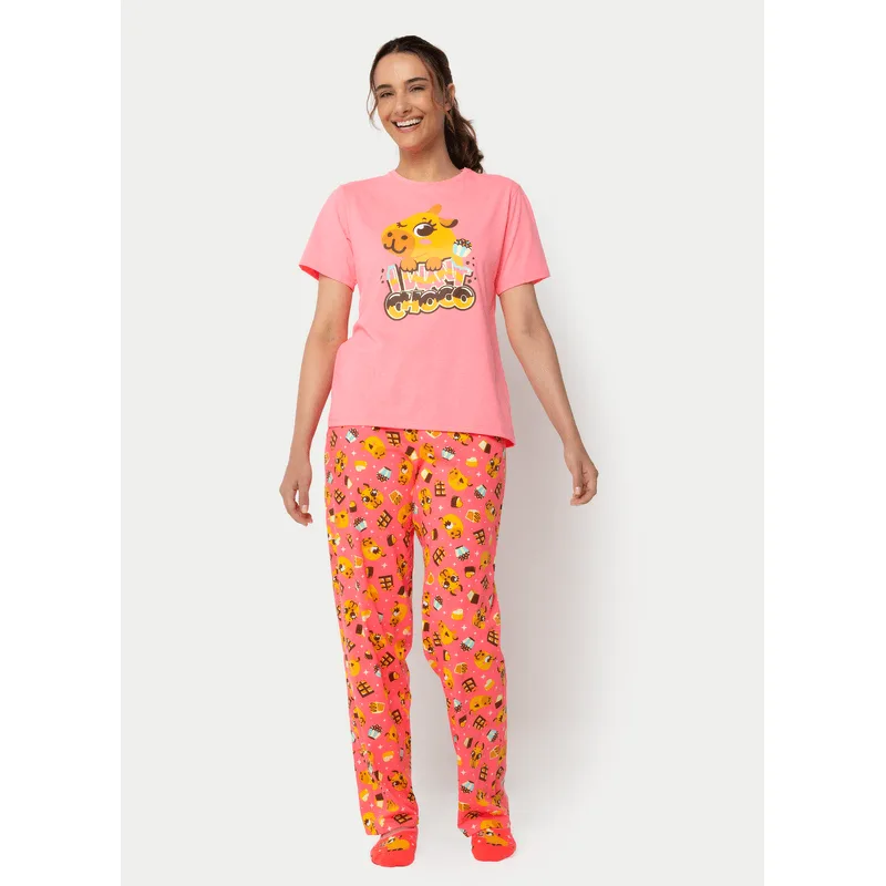 Pijama Manga Curta Algodão Feminino Capivara Chocolate PP