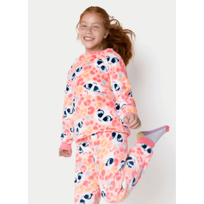 Pijama Manga Longa Soft Menina Teen Gata Cereja 8