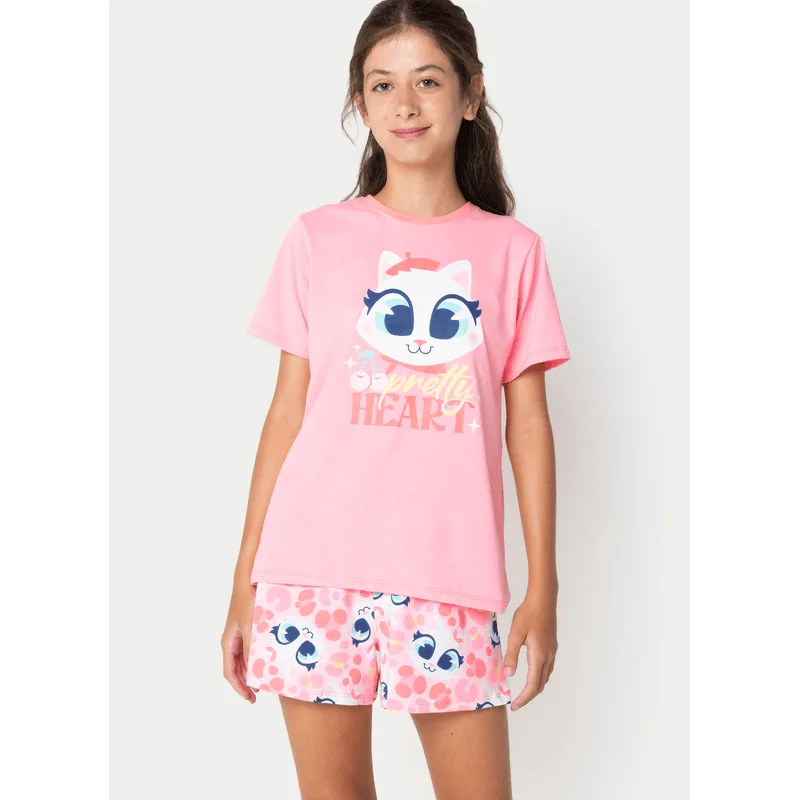 Pijama Manga Curta Algodão Menina Teen Gata Cereja 10