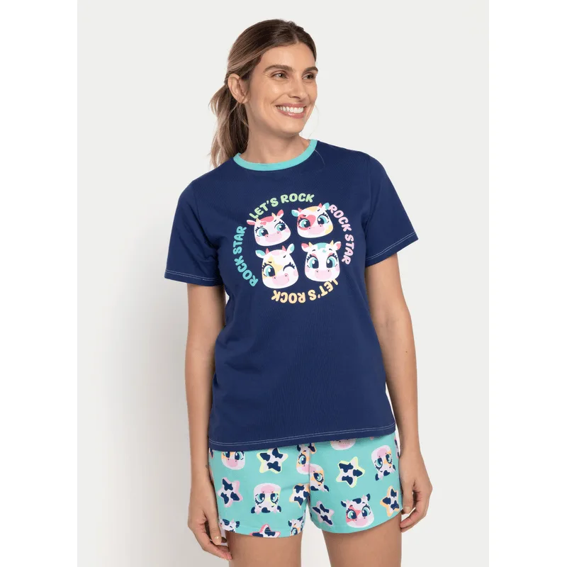 Pijama Manga Curta Algodão Feminino Vaca Moosic GG
