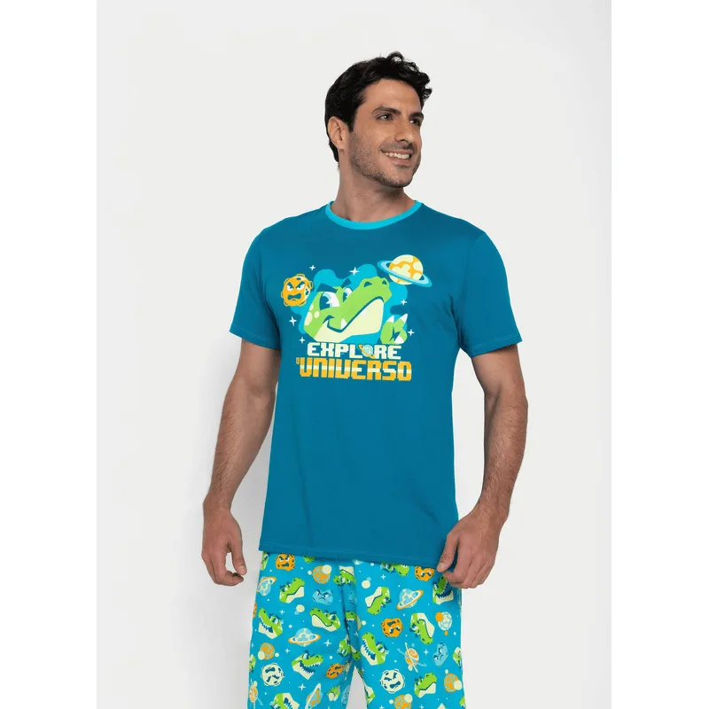 Pijama Manga Curta Algodão Masculino Dino Astronauta GG
