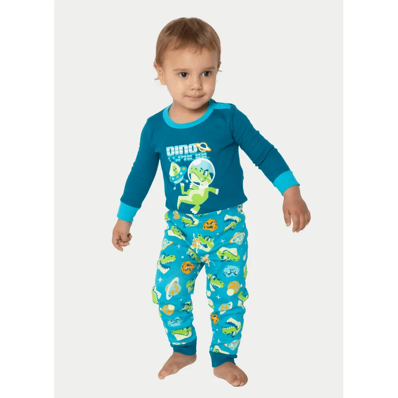 Pijama Manga Longa Rib Bebê Menino Dino Astronauta 6 A 9 MESES