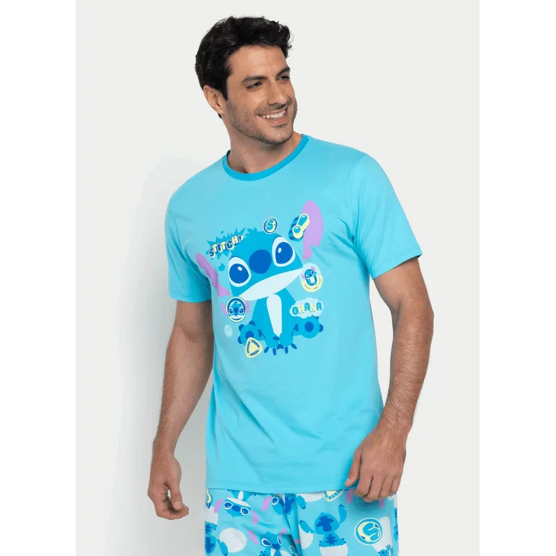 Pijama Manga Curta Algodão Masculino Stitch G