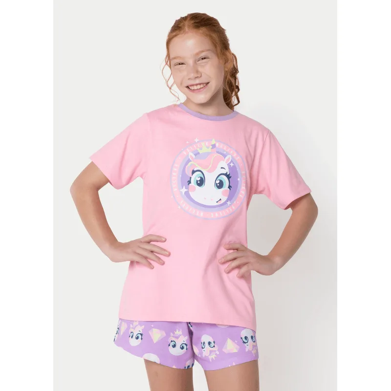 Pijama Manga Curta Algodão Menina Teen Unicórnio Diamante 8