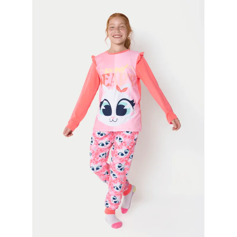 Pijama Manga Longa Viscolycra Menina Teen Gata Cereja 12
