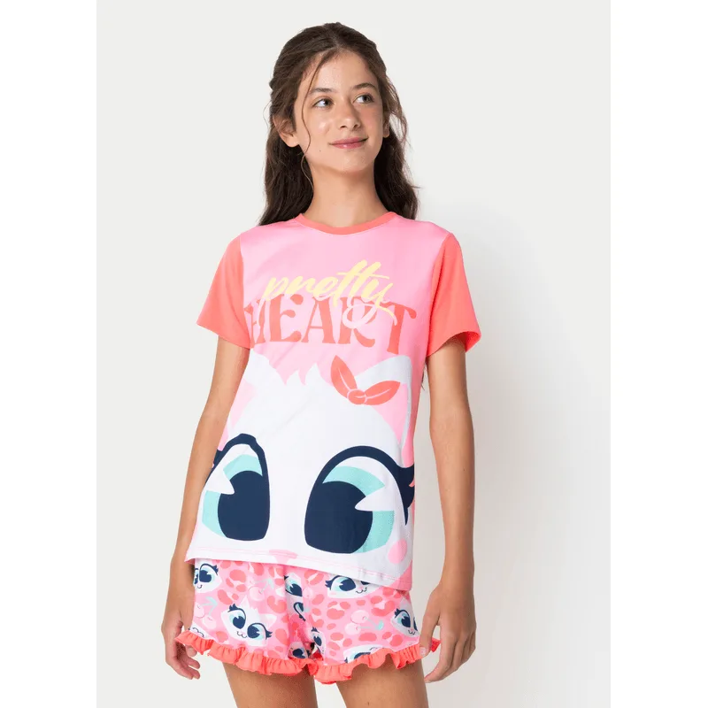 Pijama Manga Curta Viscolycra Menina Teen Gata Cereja 10