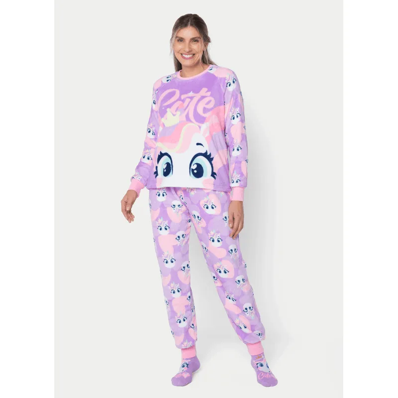 Pijama Manga Longa Soft Feminino Unicórnio Diamante GG