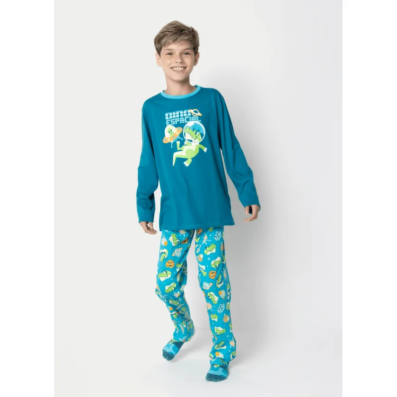 Pijama Manga Longa Algodão Menino Teen Dino Astronauta 14