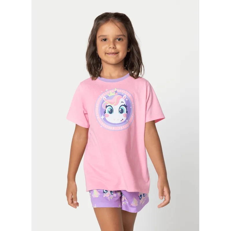Pijama Manga Curta Algodão Menina Unicórnio Diamante 1