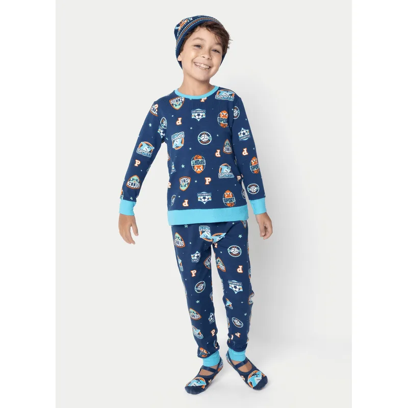 Pijama Manga Longa Moletinho Menino Tubarão Futebol 1