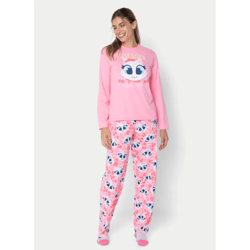 Pijama Manga Longa Algodão Feminino Gata Cereja GG