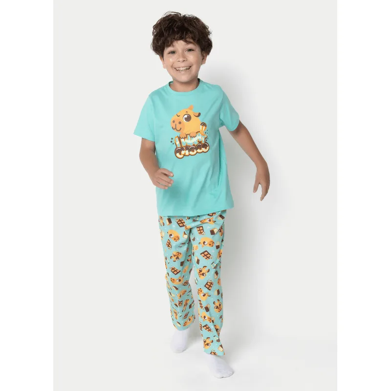 Pijama Manga Curta Algodão Menino Capivara Chocolate 2