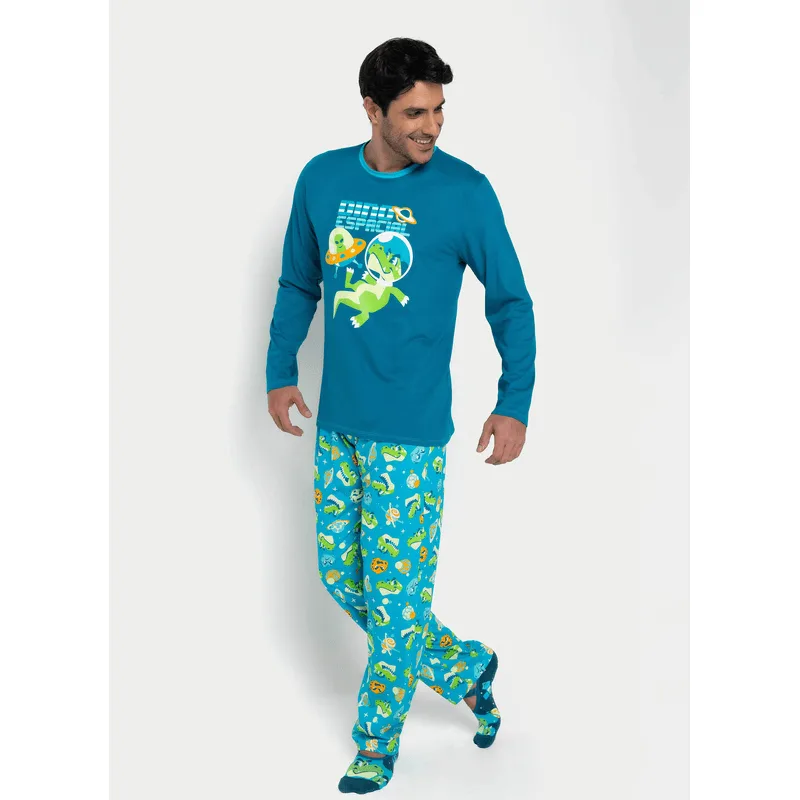 Pijama Manga Longa Algodão Masculino Dino Astronauta P