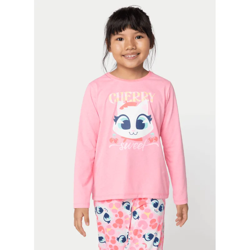 Pijama Manga Longa Algodão Menina Gata Cereja 1