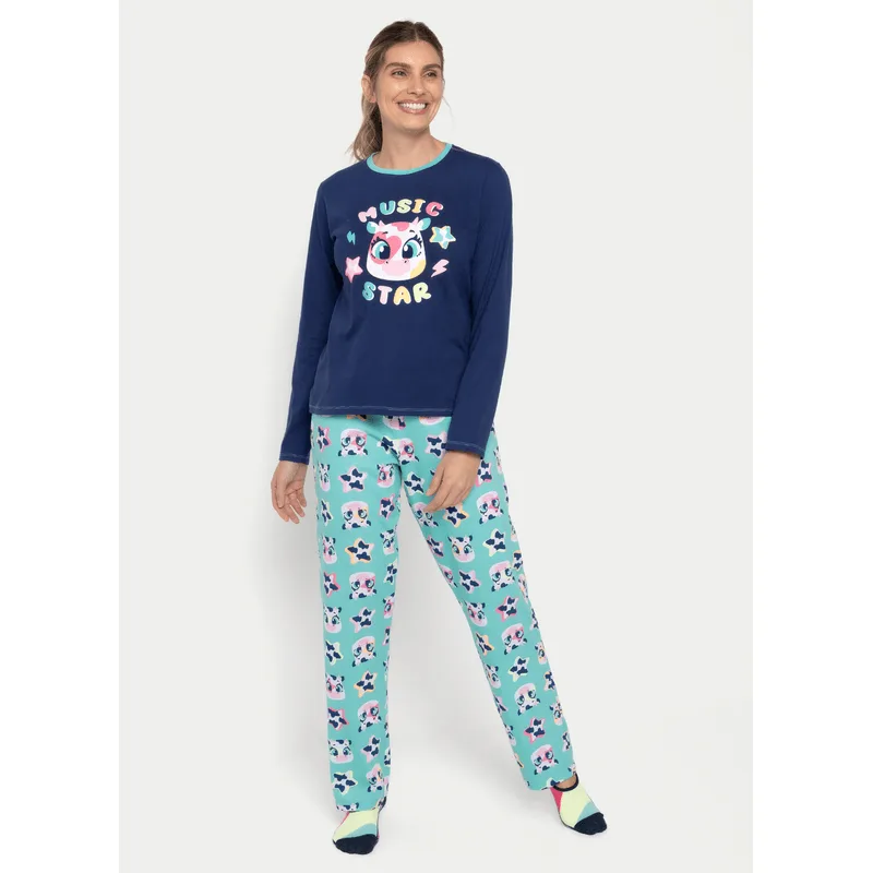 Pijama Manga Longa Algodão Feminino Vaca Moosic GG