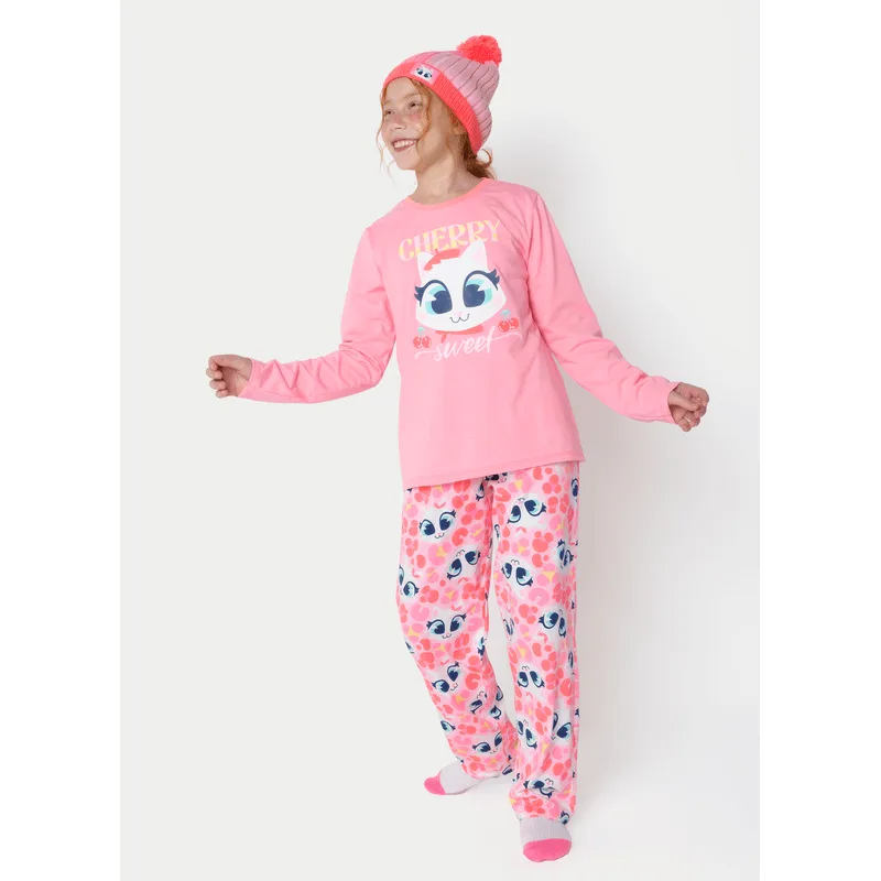 Pijama Manga Longa Algodão Menina Teen Gata Cereja 12