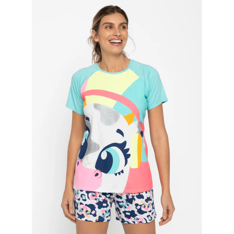 Pijama Manga Curta Viscolycra Feminino Vaca Moosic PP