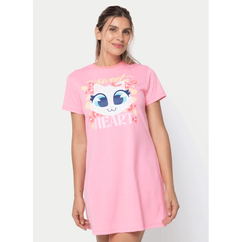 Camisola Manga Curta Algodão Feminina Gata Cereja P