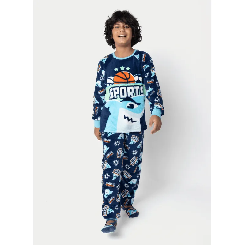 Pijama Manga Longa Soft Menino Teen Tubarão Futebol 8