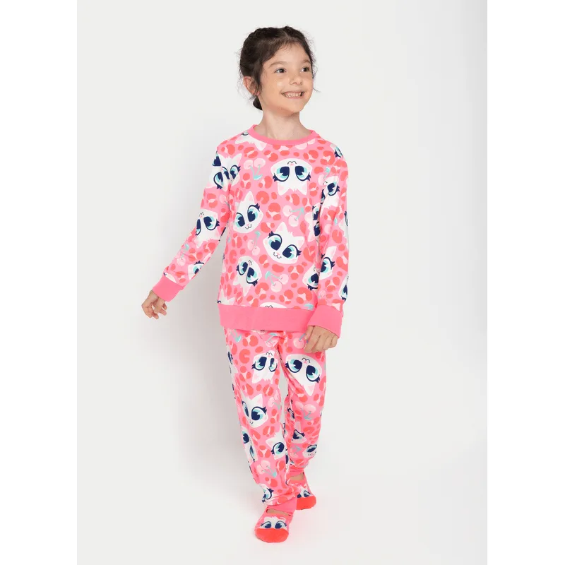 Pijama Manga Longa Moletinho Menina Gata Cereja 4