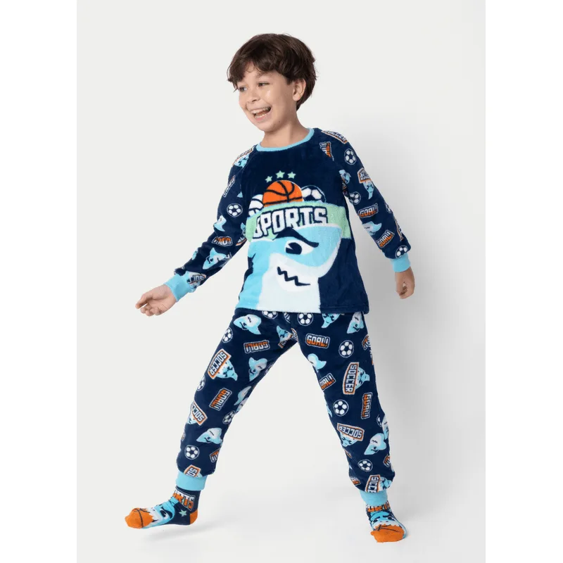 Pijama Manga Longa Soft Menino Tubarão Futebol 2