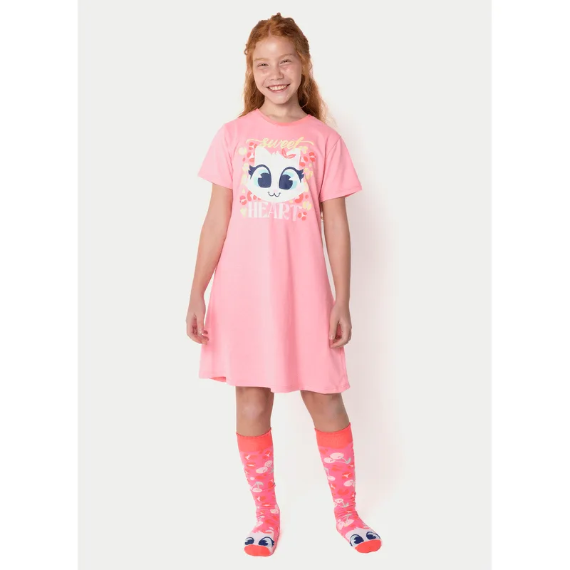 Camisola Manga Curta Algodão Menina Teen Gata Cereja 14