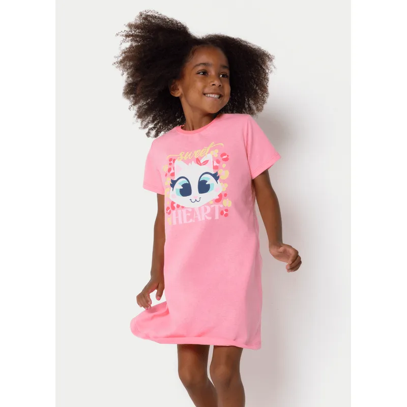 Camisola Manga Curta Algodão Menina Gata Cereja 4