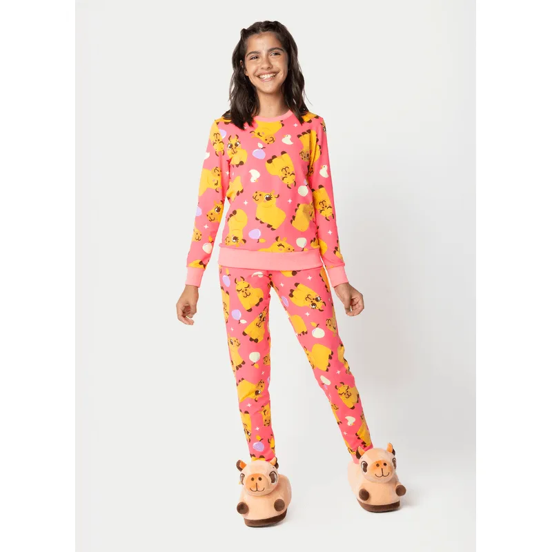 Pijama Manga Longa Moletinho Menina Teen Capivara Chocolate 14