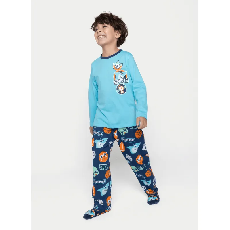 Pijama Manga Longa Algodão Menino Tubarão Futebol 4