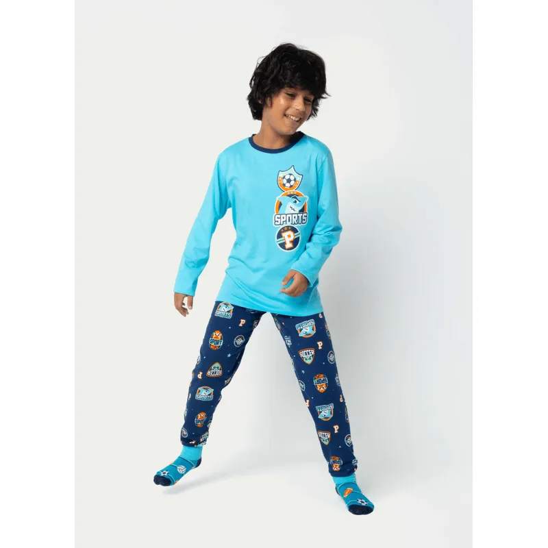 Pijama Manga Longa Algodão Menino Teen Tubarão Futebol 12